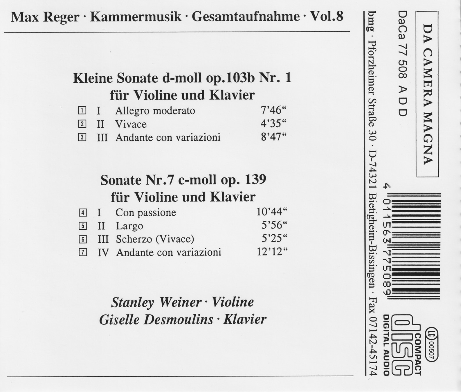 Max Reger - Kammermusik komplett Vol. 8