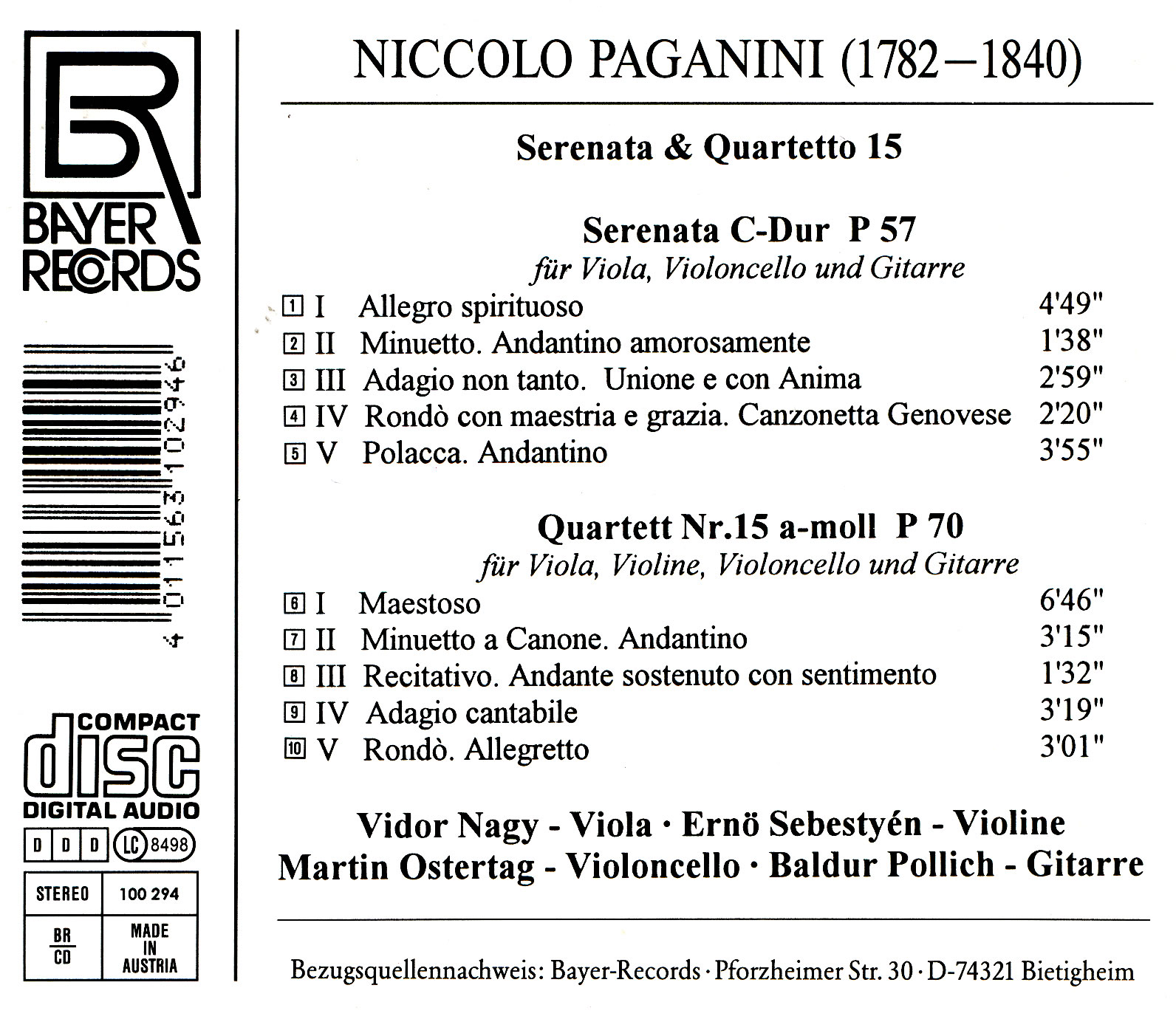 Niccolo Paganini - Quartett/Serenata