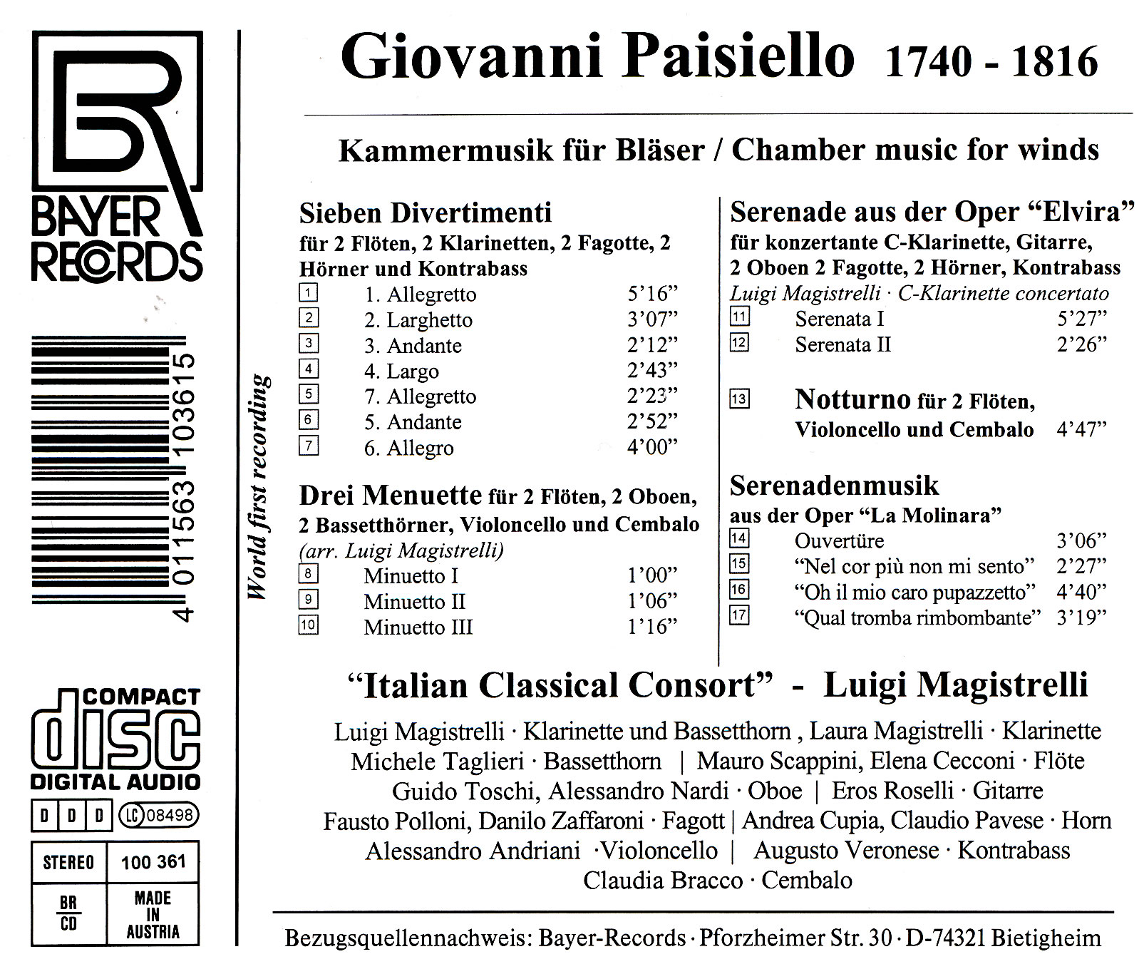 Giovanni Paisiello - Kammermusik für Bläser