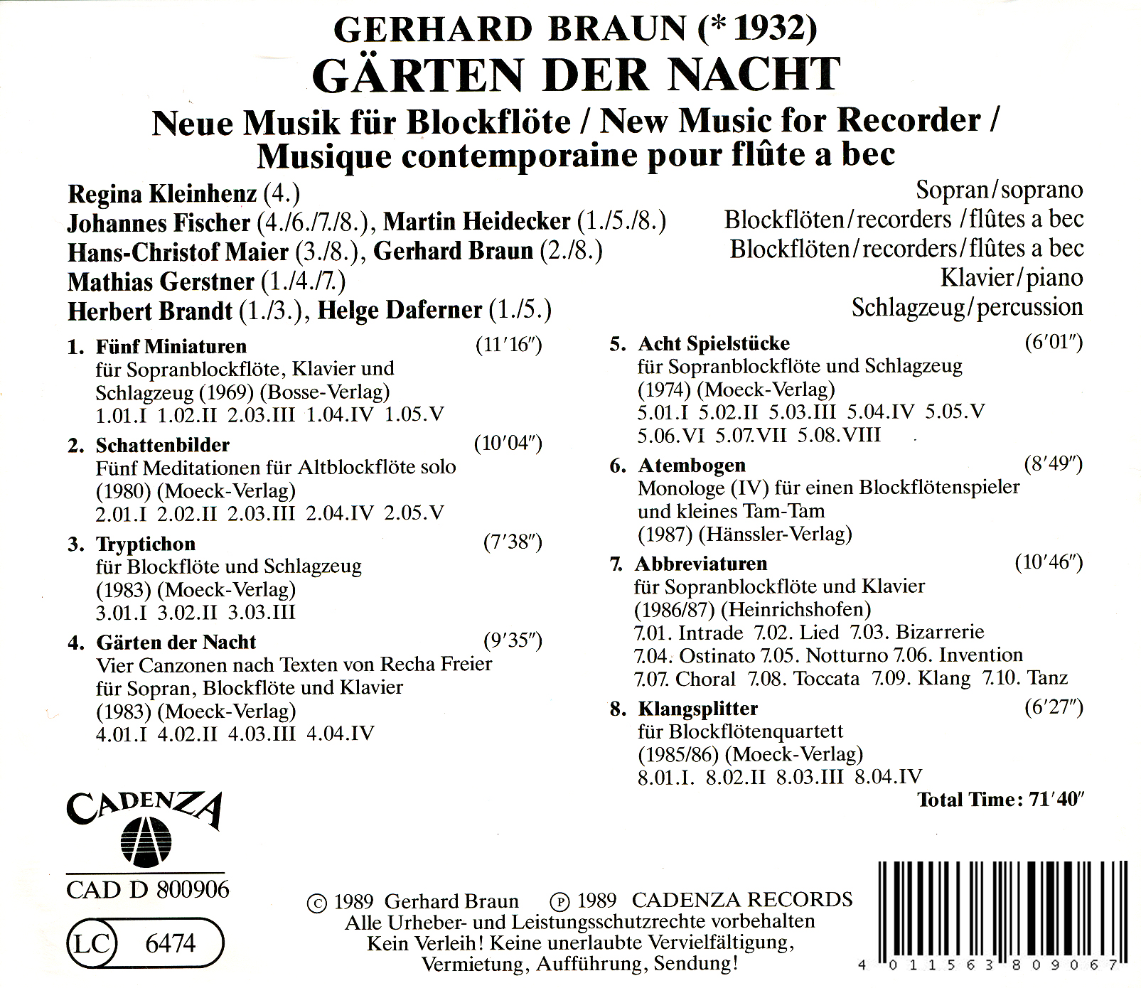 Gerhard Braun - Gärten der Nacht. Neue Musik für Blockflöte Vol.1