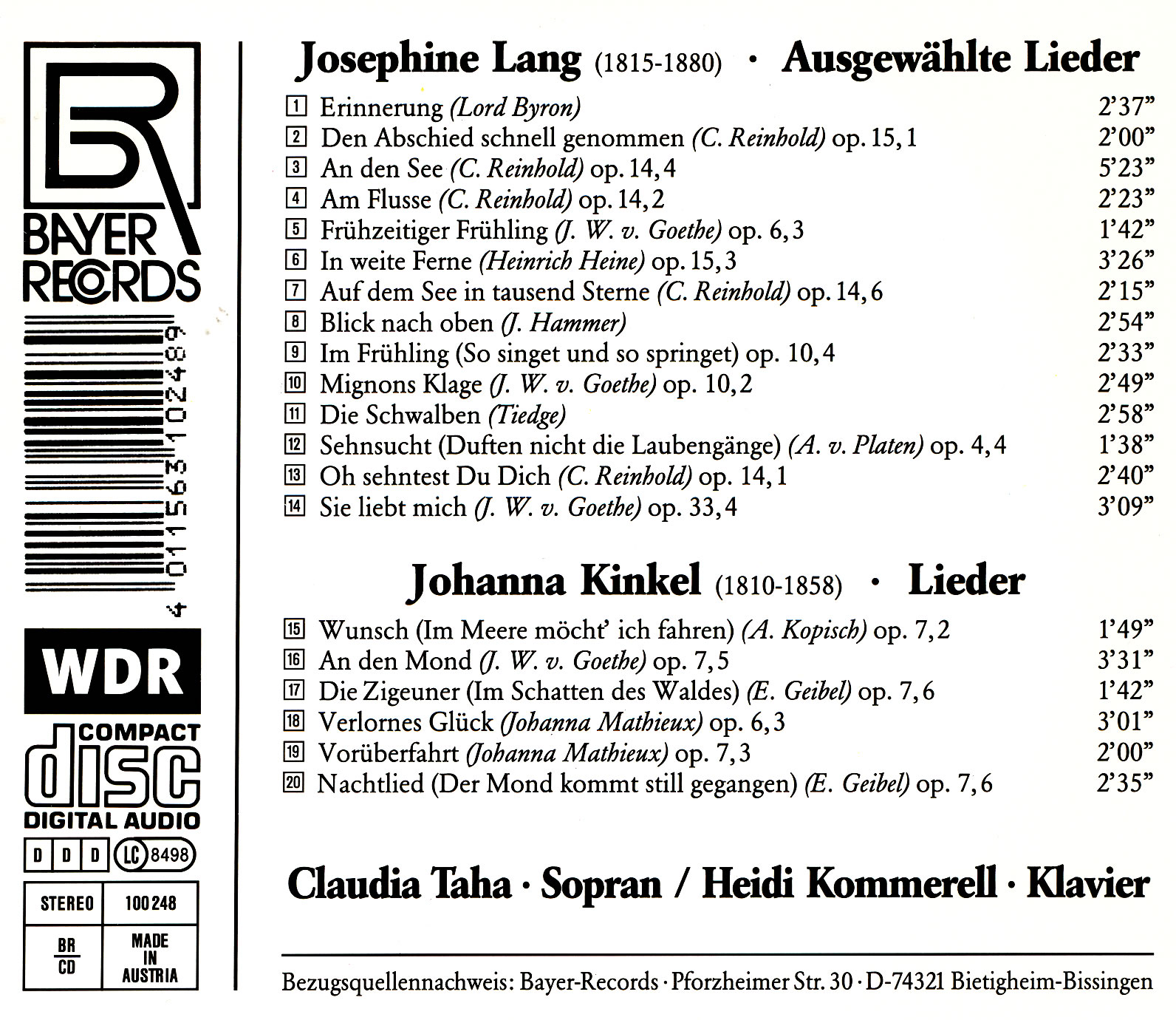 Johanna Kinkel / Josephine Lang - Ausgewählte Lieder