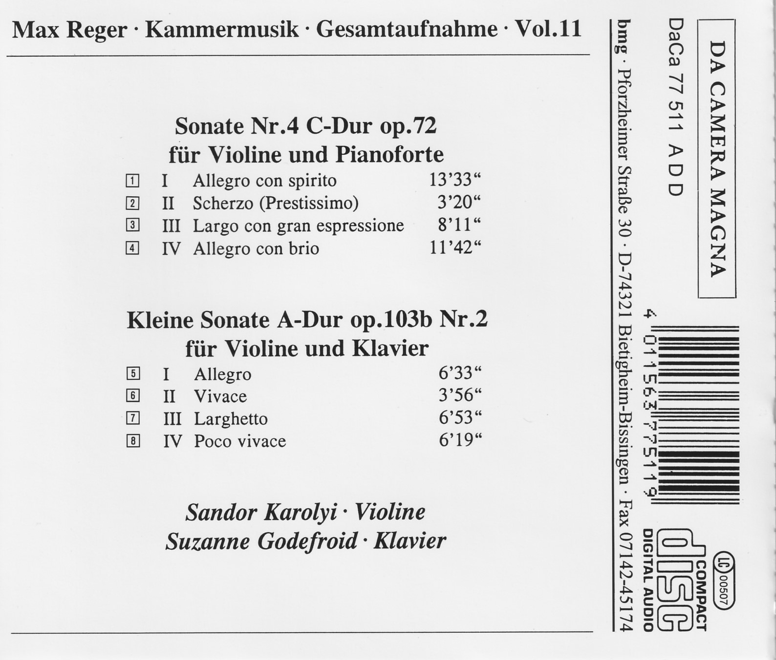Max Reger - Kammermusik komplett Vol. 11