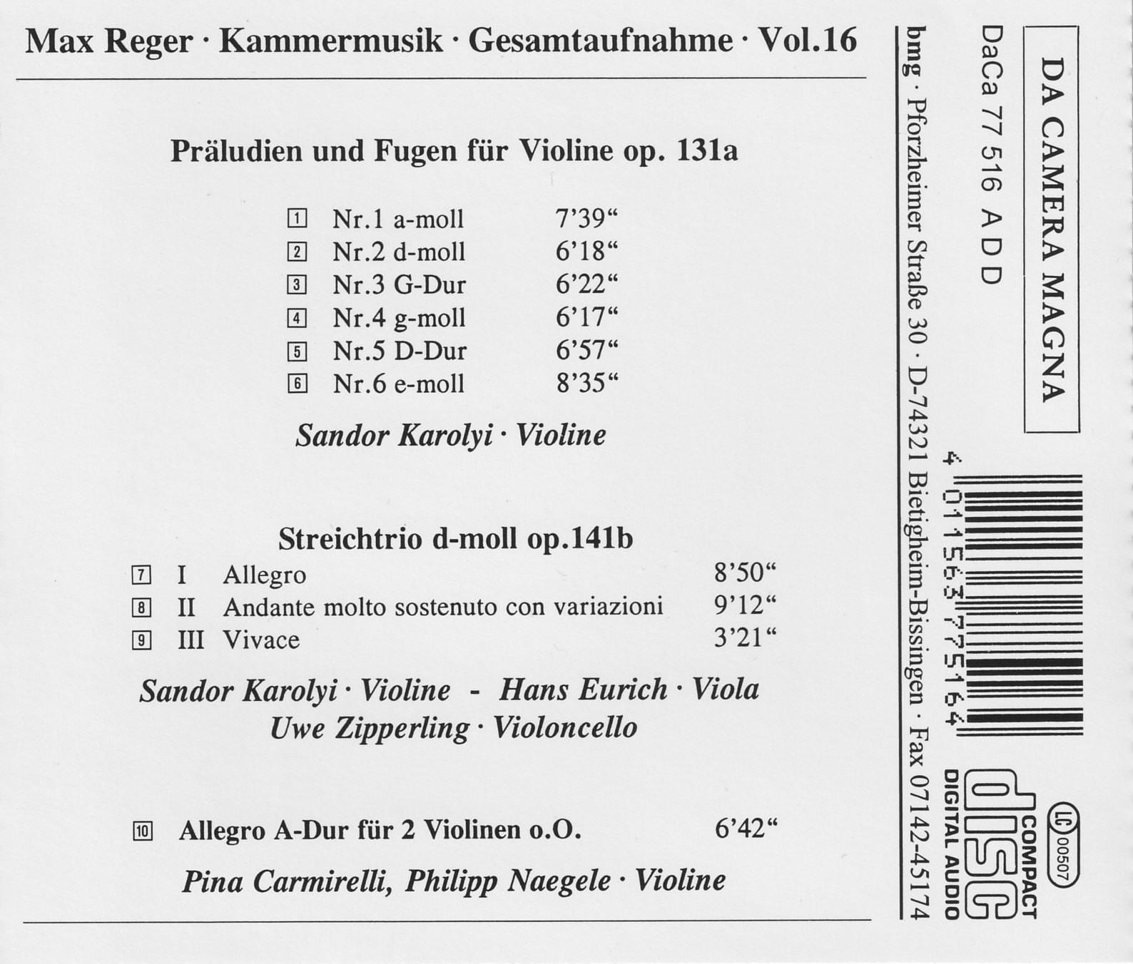 Max Reger - Kammermusik komplett Vol. 16