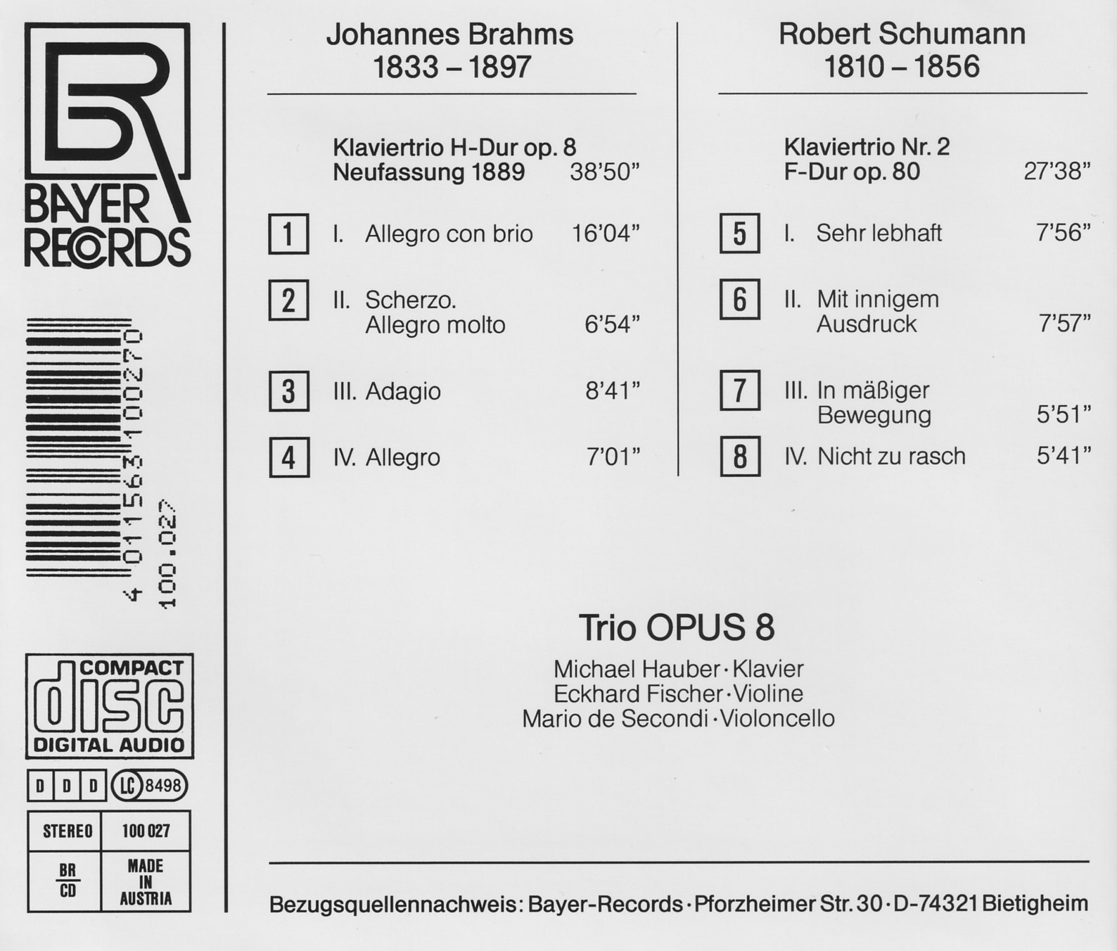 Trio OPUS 8 - Johannes Brahms / Robert Schumann