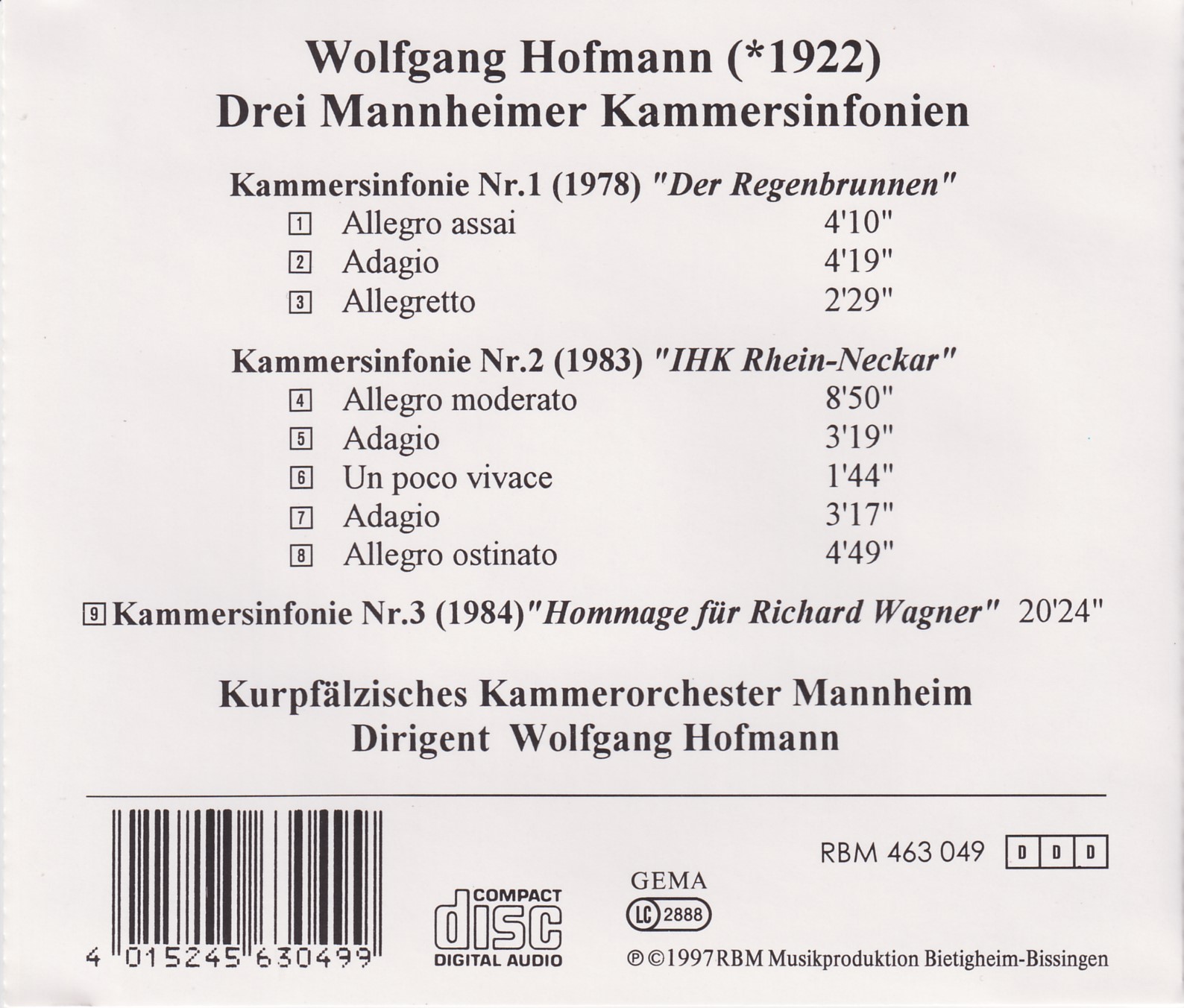 Wolfgang Hofmann  - Mannheimer Kammersinfonien