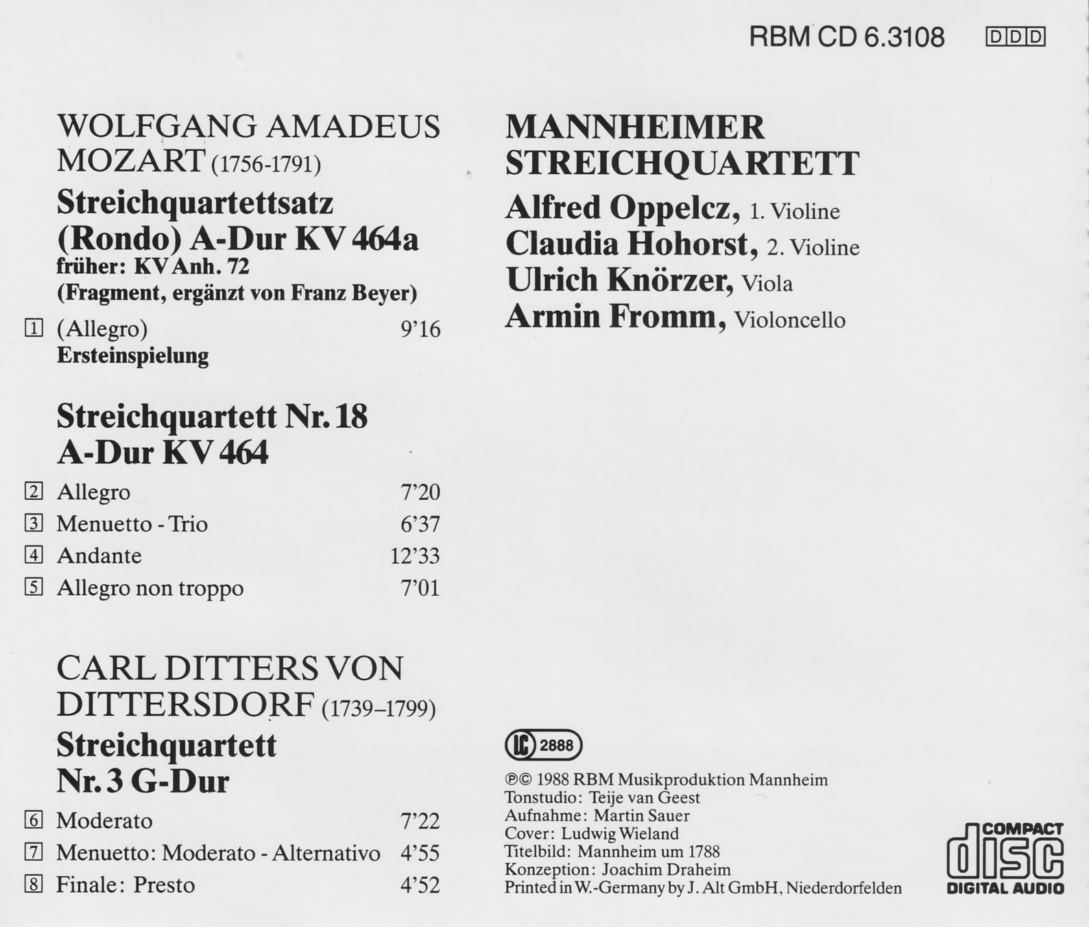 Wolfgang Amadeus Mozart / Carl Ditters von Dittersdorf - Mannheimer Streichquartett