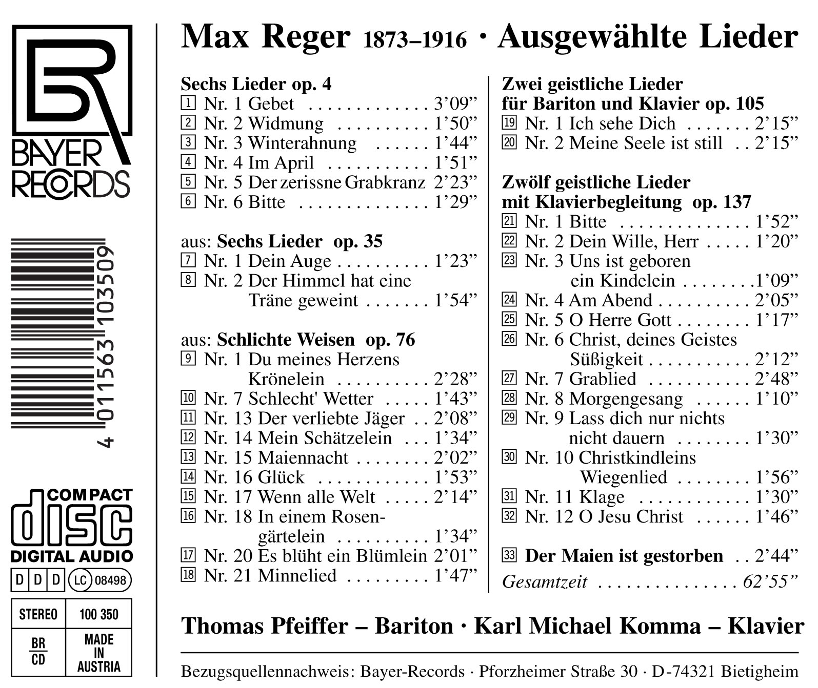 Max Reger - Ausgewählte Lieder