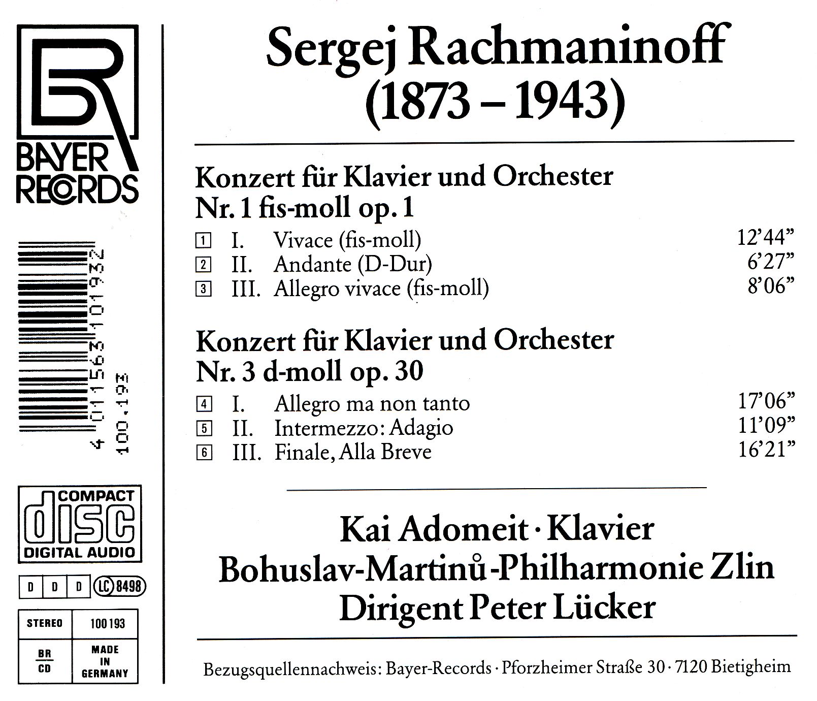Sergej Rachmaninoff - Klavierkonzerte 1+3