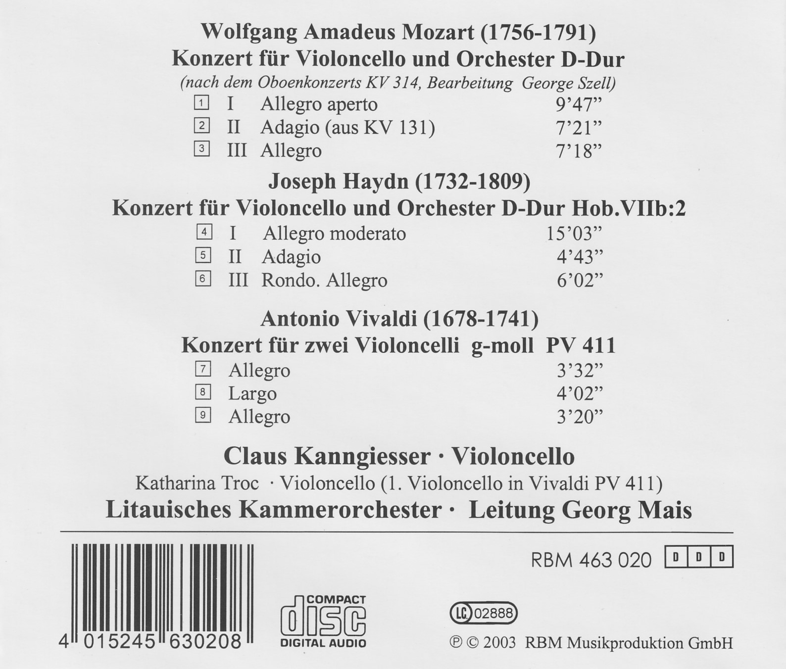 Mozart/Haydn/Vivaldi - Konzerte für Violoncello