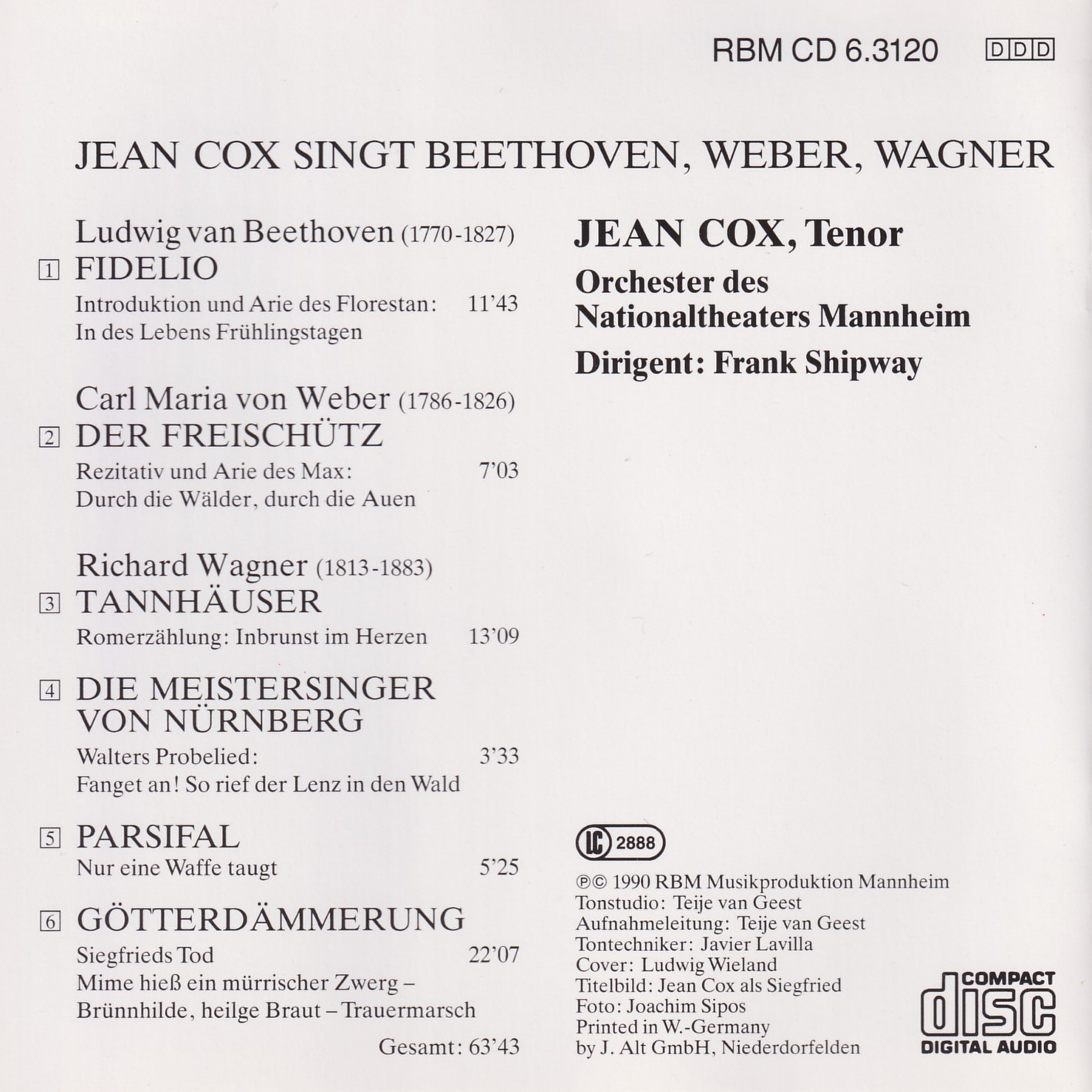 Jean Cox singt Beethoven, Weber, Wagner