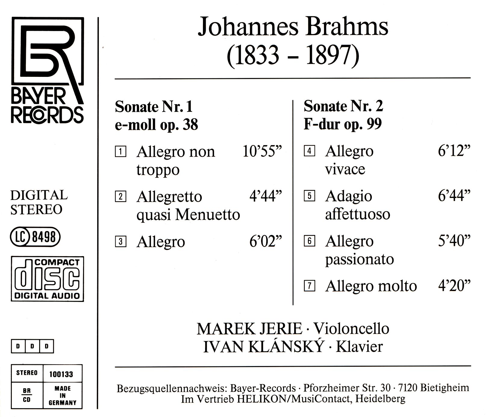 Johannes Brahms - Cellosonaten