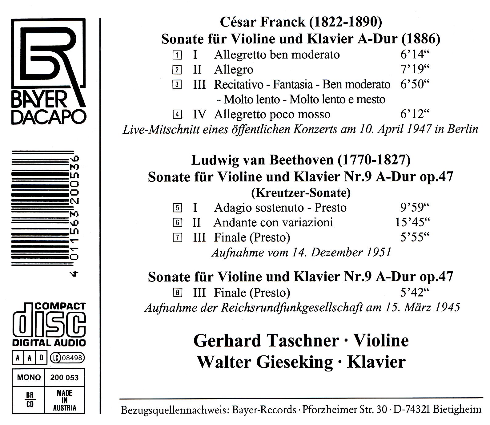 Gerhard Taschner spielt César Franck / Ludwig van Beethoven