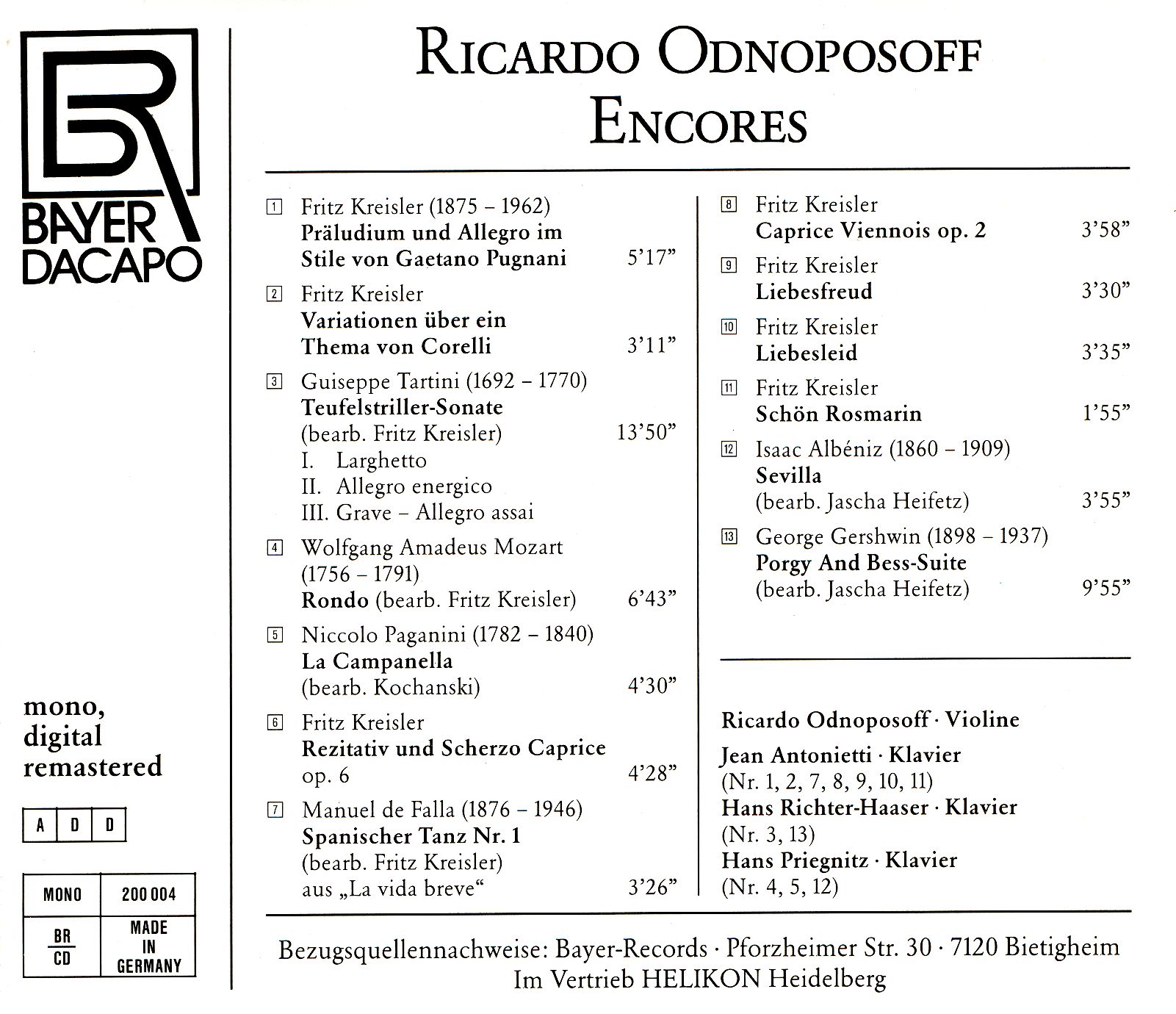 Ricardo Odnoposoff - Encores