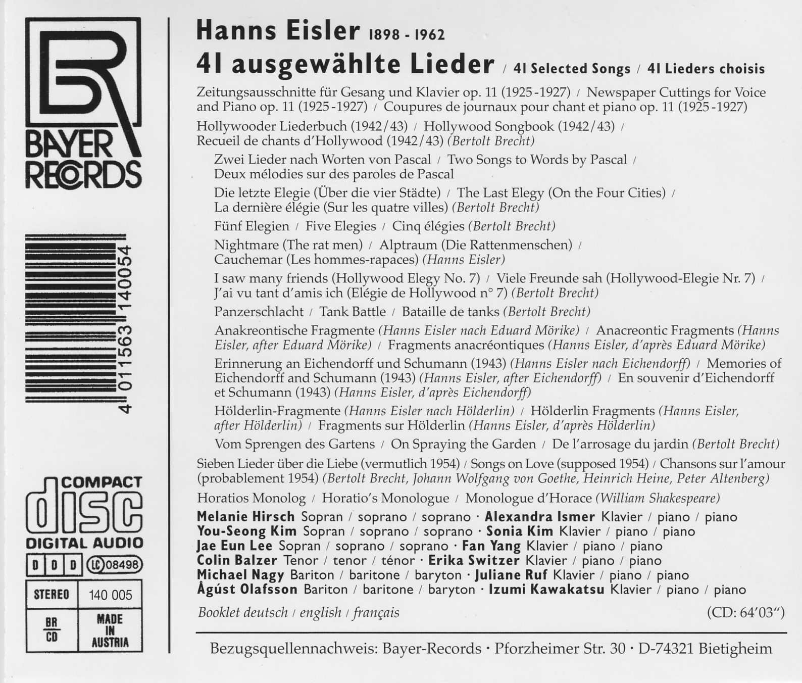 Hanns Eisler - 41 ausgewählte Lieder