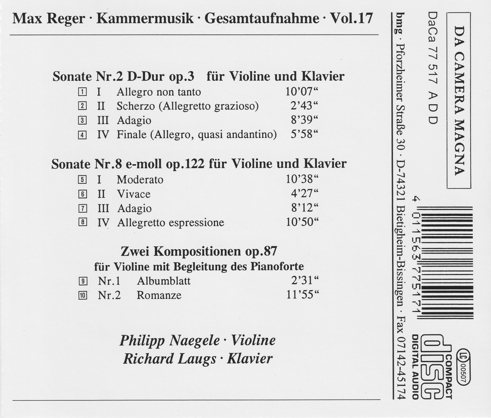 Max Reger - Kammermusik komplett Vol. 17