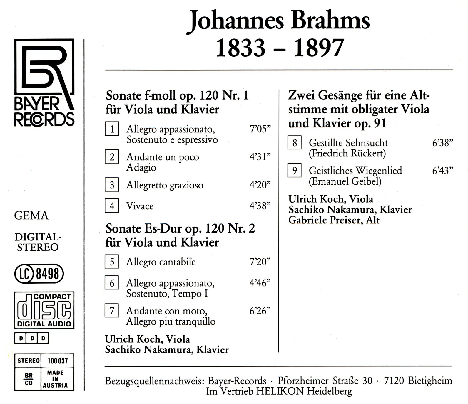 Johannes Brahms - Violasonaten