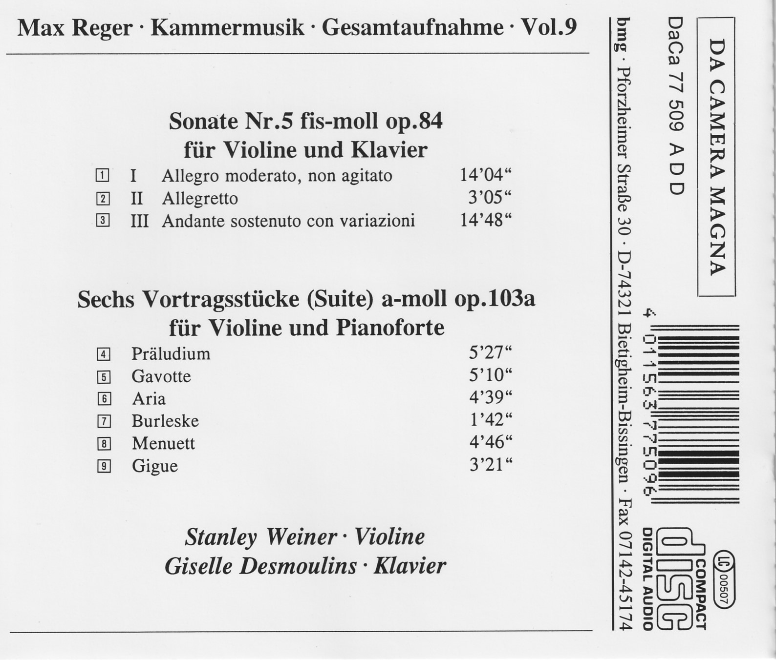 Max Reger - Kammermusik komplett Vol. 9