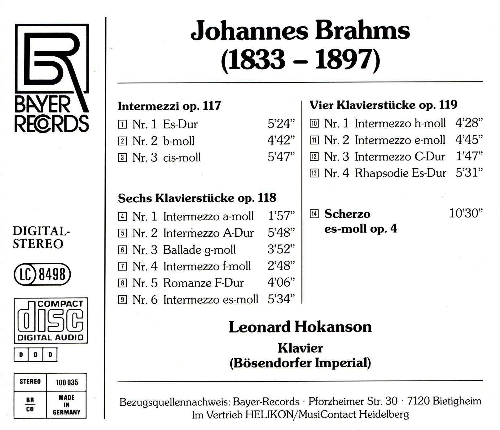Johannes Brahms - Intermezzi Hokanson