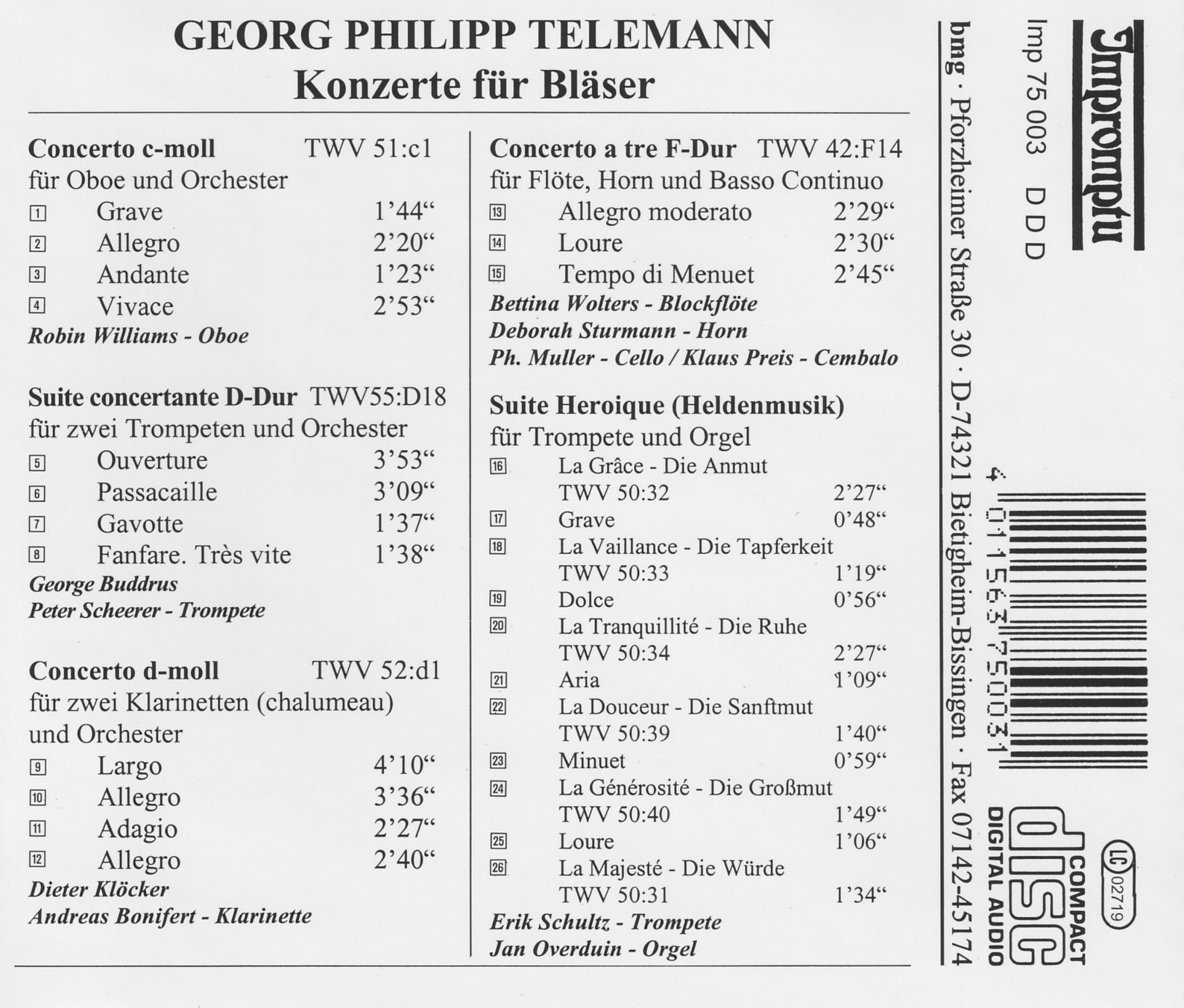 Georg Philipp Telemann - Konzerte für Bläser