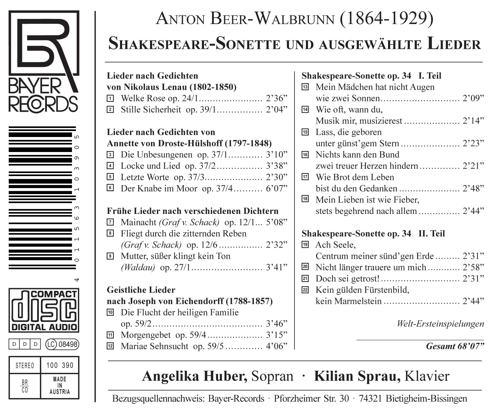 Anton Beer-Walbrunn - Shakespeare-Sonette und ausgewählte Lieder